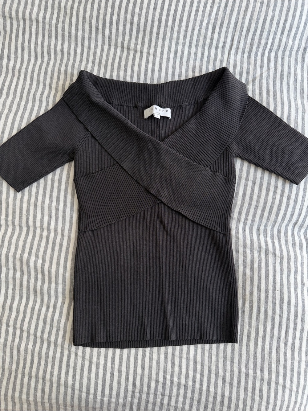 Sandro Black Off-Shoulder Ribbed Sweater